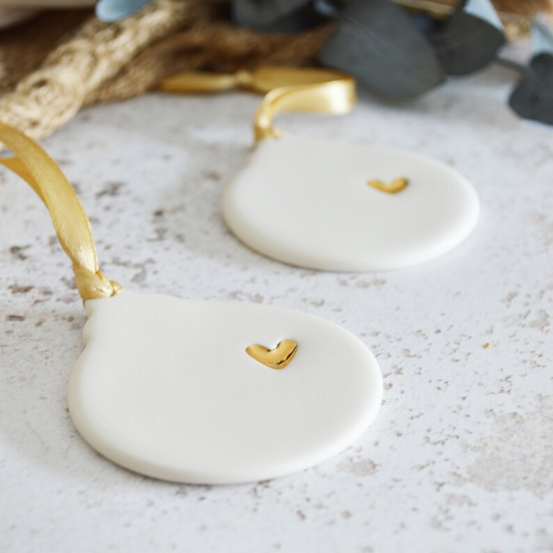 Handmade Flat Christmas Bauble Decoration With A Gold Heart, Christmas Tree Decoration, Ceramic Bauble Decoration, Christmas Tree Decor image 5