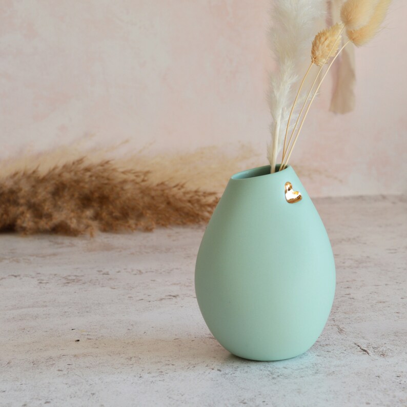 Pastel Mint Bud Vase with a Gold Embossed Heart, Ceramic Pastel Bud Vase, Small Vase with a Gold Heart, Porcelain Bud Vase, Pastel Bud Vase image 2