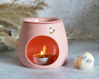 Seconds* Pastel Pink Handcrafted Porcelain Wax Burner, Gold Heart, Detachable Lid, Home Fragrance