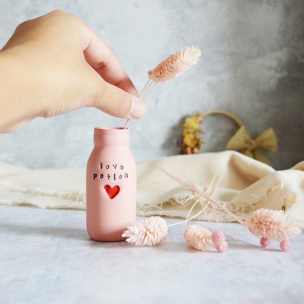 Love Potion Bottle Vase with Red Embossed Heart, Valentine's Vase, Valentine's Gift For Her, Love Potion Vase, Small Pink Bottle, Pink Vase