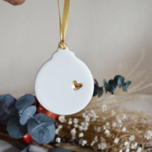 Handmade Flat Christmas Bauble Decoration With A Gold Heart, Christmas Tree Decoration, Ceramic Bauble Decoration, Christmas Tree Decor image 3