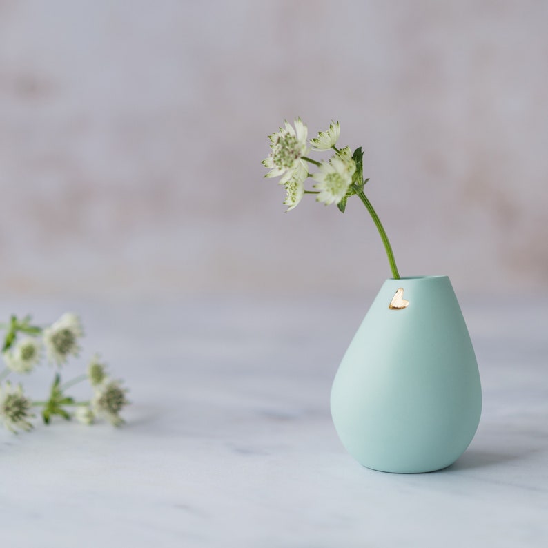 Pastel Mint Bud Vase with a Gold Embossed Heart, Ceramic Pastel Bud Vase, Small Vase with a Gold Heart, Porcelain Bud Vase, Pastel Bud Vase image 1