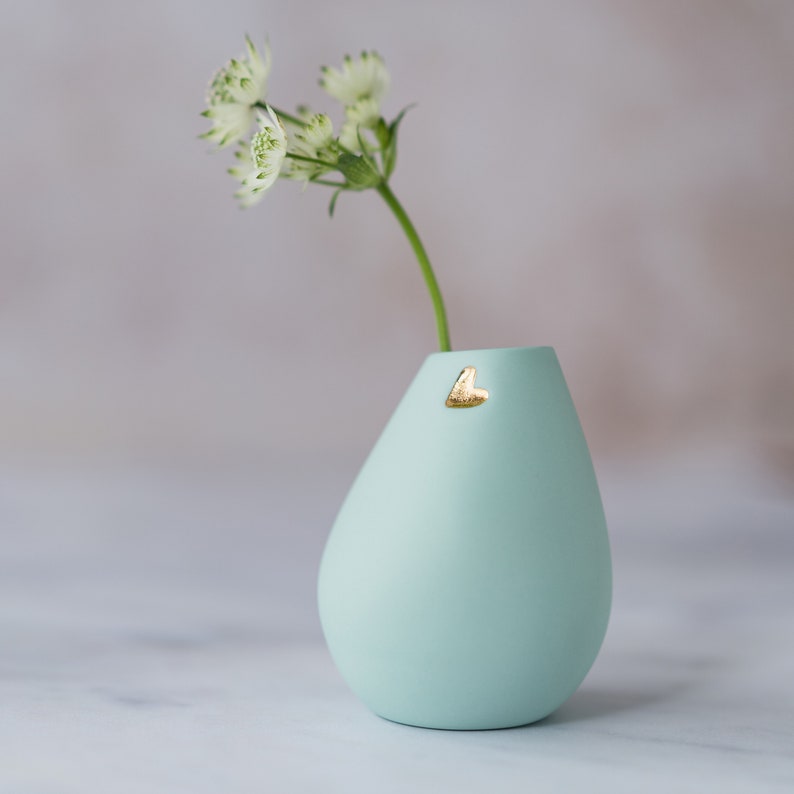 Pastel Mint Bud Vase with a Gold Embossed Heart, Ceramic Pastel Bud Vase, Small Vase with a Gold Heart, Porcelain Bud Vase, Pastel Bud Vase image 9