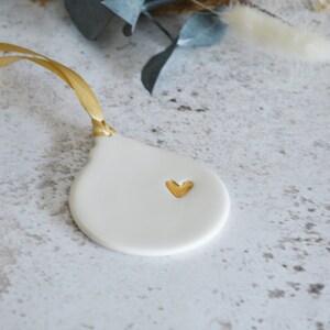 Handmade Flat Christmas Bauble Decoration With A Gold Heart, Christmas Tree Decoration, Ceramic Bauble Decoration, Christmas Tree Decor image 6