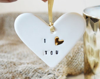 I Love You Heart Tag with Gold Heart, Porcelain I Love You Tag with Gold Heart, I Love you, Valentines, Handmade, Ceramic