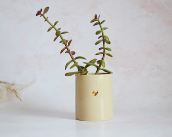 Small Beige Ceramic Pot With A Gold Embossed Heart, Clay Plant Pot, Porcelain Planter Pot, Pencil Pot, Pen Pot, Gold Heart Pot, Beige Pot