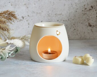 Seconds* White Handcrafted Porcelain Wax Burner, Gold Heart, Detachable Lid, Home Fragrance