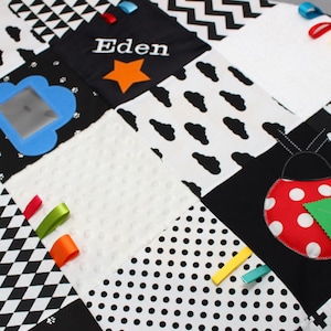 Pode incluir: Tapete de atividades para bebês em preto e branco com diferentes texturas e padrões, incluindo um padrão de nuvens, bolinhas e um quadrado branco texturizado. O tapete também apresenta uma nuvem azul com uma janela transparente, um quadrado preto com o nome "Eden" bordado em branco e uma joaninha vermelha com pontos pretos.