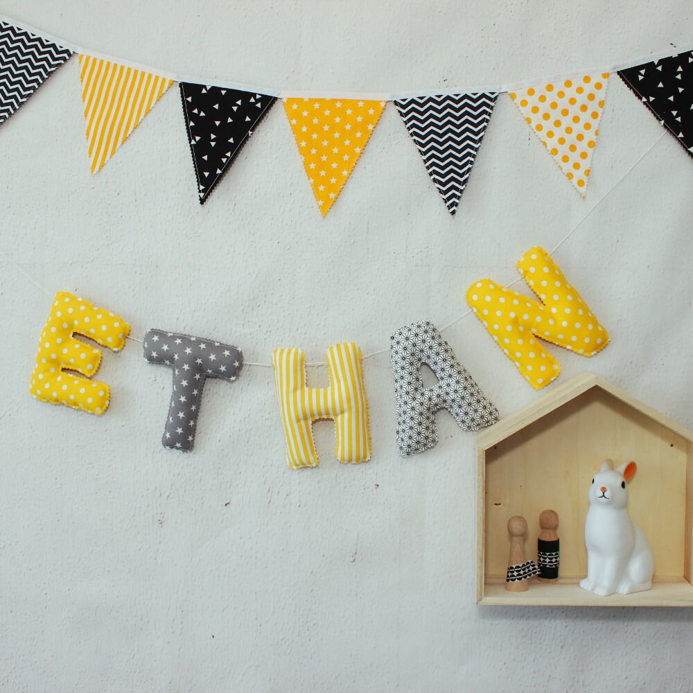 Guirlande de Prénom - Décoration Chambre Bébé Jaune, Gris- Déco Scandinave Cadeau Naissance -Baptême