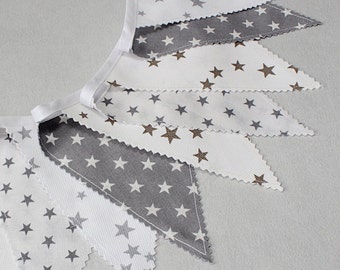 Fabric Bunting, Grey Star Flags, Fabric Garland, Nursery Bunting, Baptisme Party, Minimalist Nursery
