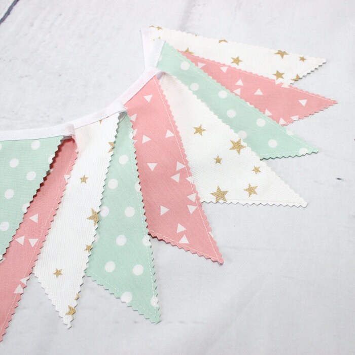 Guirlande Fanions, Mint & Rose, Or, Déco Chambre Bébé, Banderole Fanions Etoiles, Baptême, Cadeau Na