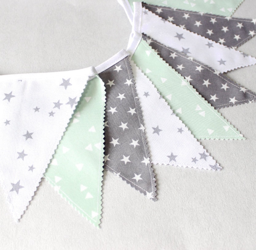 Handmade Grey and White Nursery Bunting Star Fabric Banner New Baby 