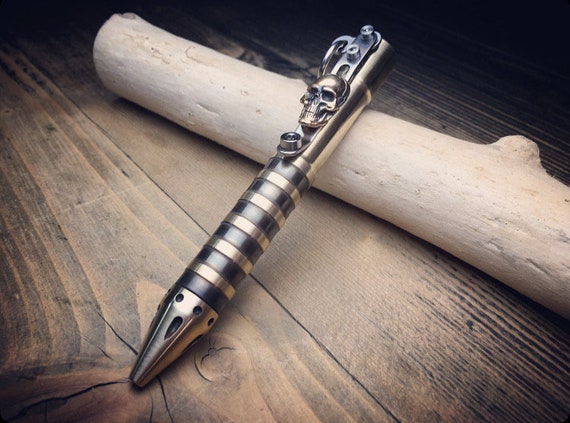 TOP MOD / Boker Cal.50 Brass Ballpoint Pen with Solid Brass Skull Clip.