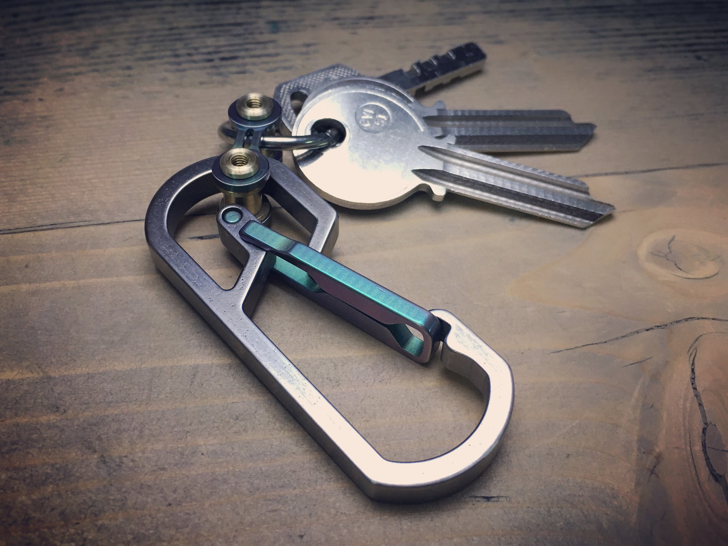 EDC Titanium Ti Carabiner Keychain Key Ring, w/Ti Bike Link, Bronze Anodize