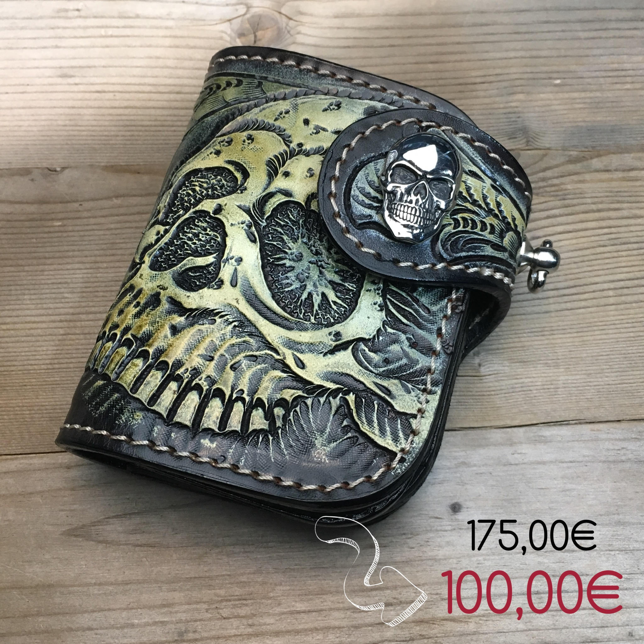 Leather Biker Wallet / Black Skull