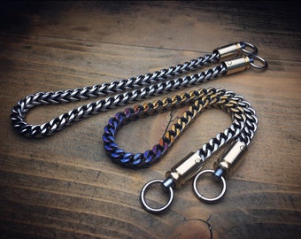 Wallet chain hardware with double Swivels of Cal. 9mm caps. Two options