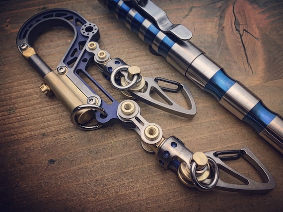 The Brutus - Blue.   Titanium Bolt Carabiner keychain / Bi-Swivel, Bi-Clips,  Closed Stainless Steels  Rings