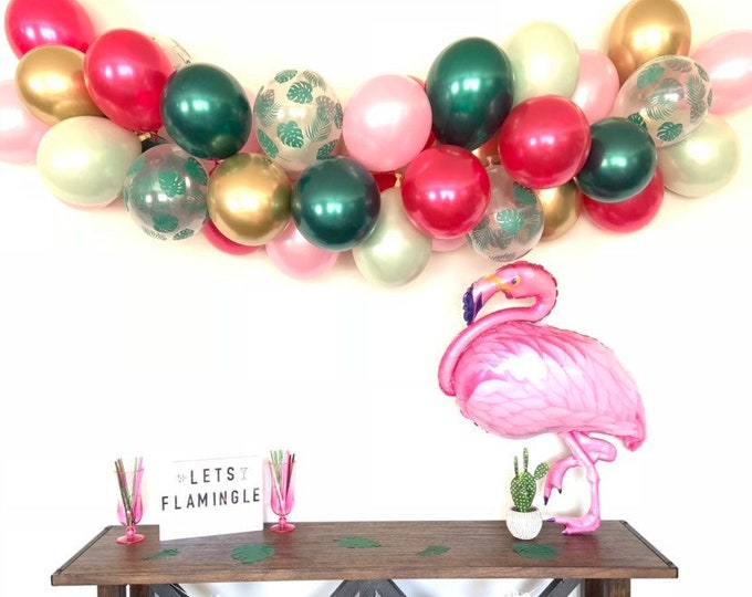 Let’s Flamingle Balloon Garland | Pink and Green Bridal Shower Decor | Tropical Baby Shower | Tropical Bridal Shower Decor