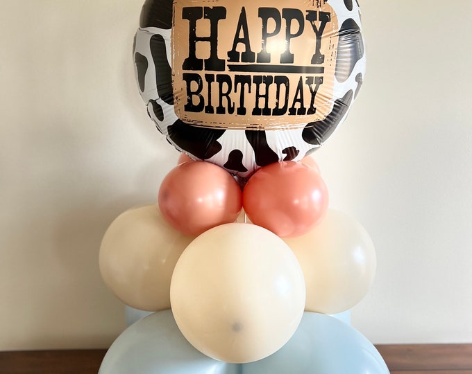 Barnyard Balloon Centerpiece | Fog and Burnt Orange Barnyard | Farm Birthday Balloons | Barnyard Birthday Balloons | Cow Print Balloons