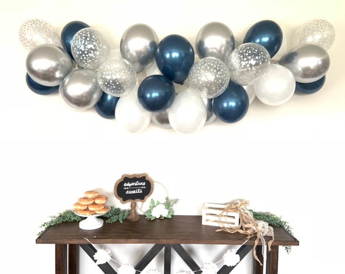 Navy and Silver Balloon Garland | Silver and Navy Bridal Shower Decor | Navy and Silver Baby Shower | Wedding Balloon Garland Photo