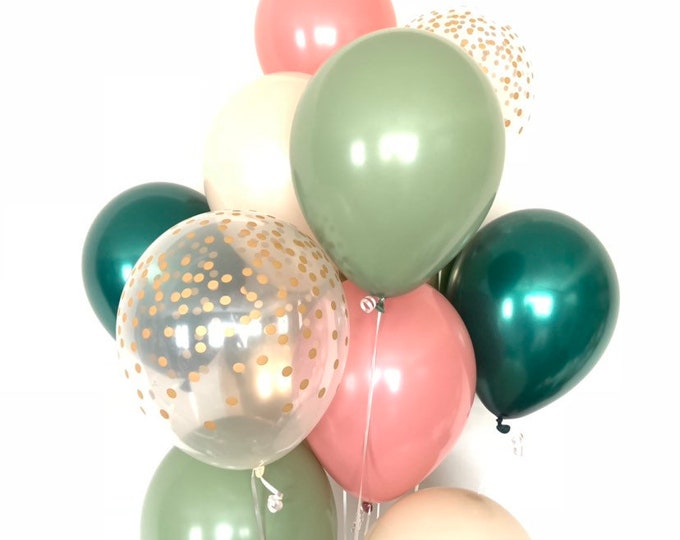 Green and Rose Balloons | Light Green Wedding Decor | Green and Blush Balloons | Eucalyptus Balloons | Dark Sage Green Bridal Shower Decor