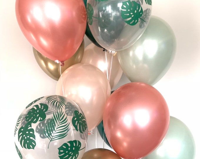 Rose Gold and Green Balloons | Tropical Balloons | Green and Rose Gold Balloons | Chrome Gold Balloons | Sage Green Bridal Shower Decor