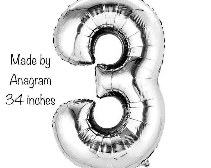 Silver Number 3 Balloon | Silver Birthday Balloons | 34" Mylar Number Balloons | Large Foil Balloons | Silver 3 Birthday Balloons