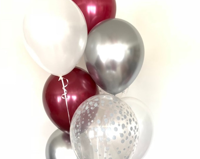 Burgundy and White Balloons | Burgundy Wedding Decor | Burgundy and Silver Balloons | Maroon Balloons | Cranberry Bridal Shower Decor