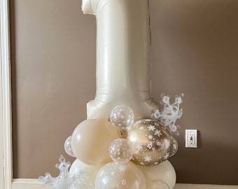 Cream Snowflake Number Balloon Tower Kit | Winter Wonderland Birthday Decor | Snow Much Fun Balloon Display | Beige Winter ONDerland |
