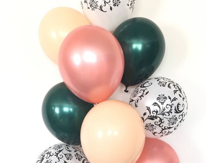 Rose Gold Balloons | Damask Balloons | Rose Gold Green and Blush Balloons | Rose Gold Bridal Shower Decor | Black and White Balloons | Paris