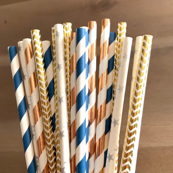 Twinkle Little Star Straws | Twinkle Little Star Party Decor | Rose Gold and Navy Straws | Gender Reveal Baby Shower Decor | Silver Star St