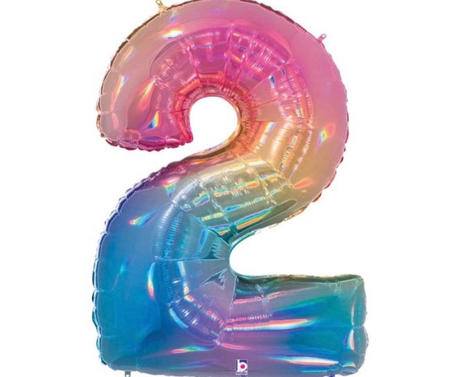 Holographic Opal Number 2 Balloon | Rainbow Second Birthday Balloons | Mylar Number Balloons | Large Foil Balloons