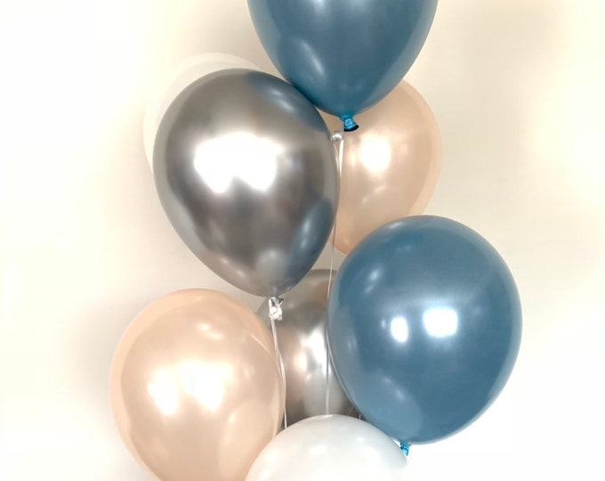 Slate Blue Balloons | Slate Blue Wedding Decor | Slate Blue and Peach Balloons | Chrome Silver Balloons | Slate Blue Bridal Shower Decor