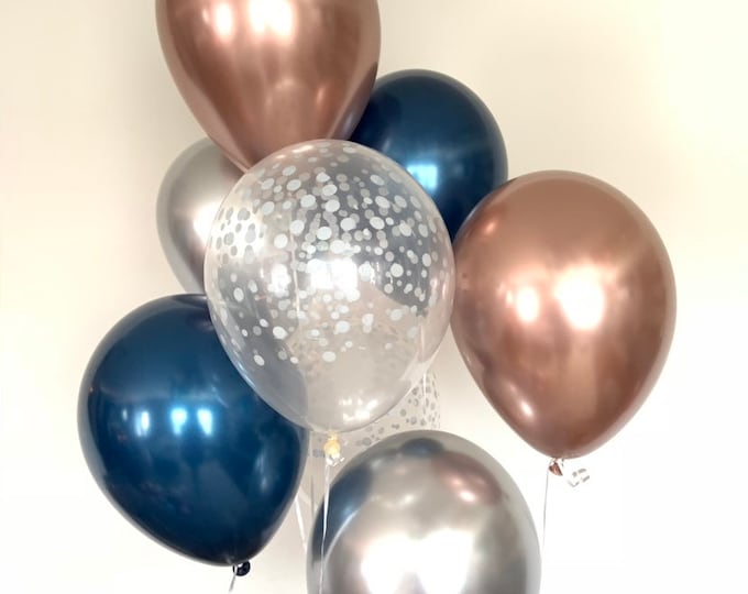 Chrome Rose Gold and Navy Balloons | Navy and Silver Balloons | Chrome Silver Balloons | Silver and Rose Gold Birthday Decor | Silver Confet