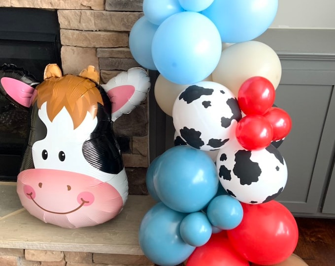 Red and Blue Barnyard Balloon Garland | Farm Balloons | Oink Moo Cockadoodle Doo Birthday Party | Giddy Up Cowboy Farm Animal Balloons