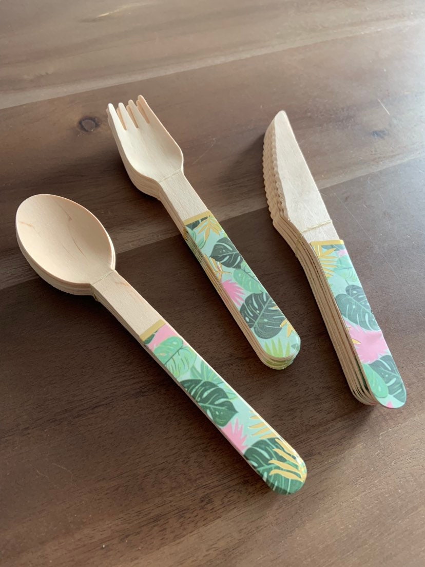 Tropical Utensils Tropical Party Decor 24 Piece Wooden Cutlery Set