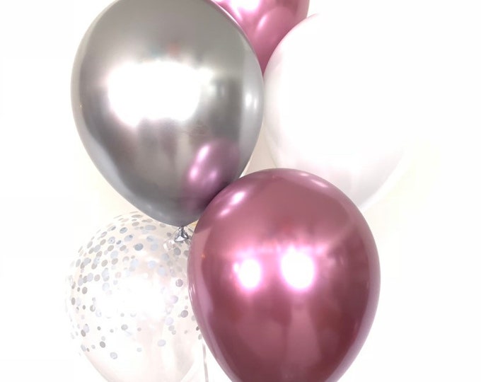 Chrome Mauve and Silver Balloons | Pink and Silver Balloon Bouquet | Chrome Mauve Balloons | Silver and Mauve Bridal Shower Decor