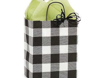 Buffalo Plaid Gift Bags | 8” x 4.75” x 10” Sized Buffalo Plaid Bags | Black and White Shopping Bags | Happy Camper Favor Bags