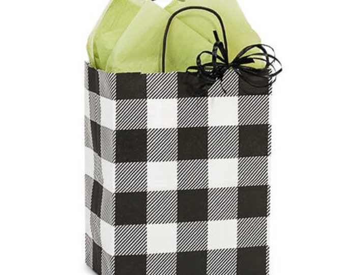 Buffalo Plaid Gift Bags | 8” x 4.75” x 10” Sized Buffalo Plaid Bags | Black and White Shopping Bags | Happy Camper Favor Bags