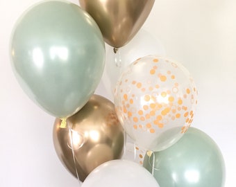 Sage Green Balloon Bouquet | Gold Confetti & Chrome, 8-Count