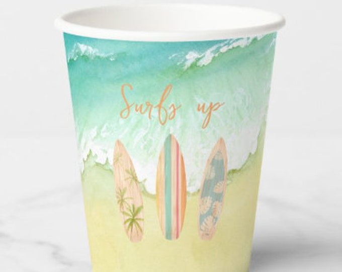 Surf's Up Cups | Baby on Board Baby Shower | Set of 8 Surfboard Paper Cups | The Big One First Birthday | Beach Surf's Up Party Decor