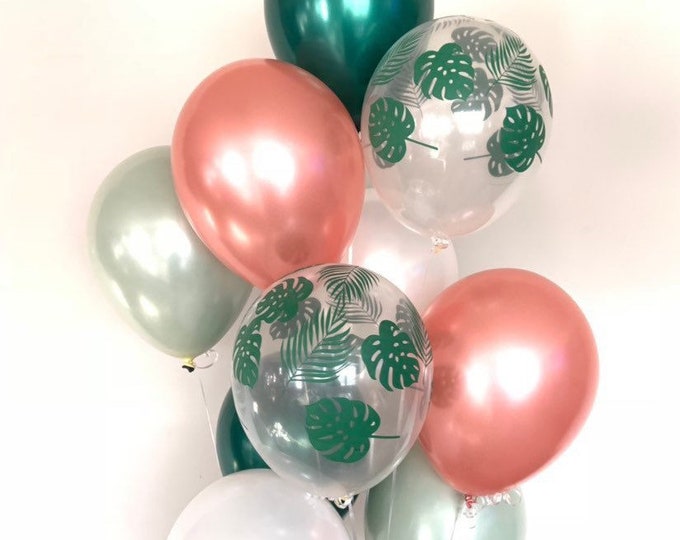 Sage Green and Rose Gold Balloons | Tropical Green Decor | Green and White Balloons | Tropical Balloons | Aloha Bridal Shower Decor