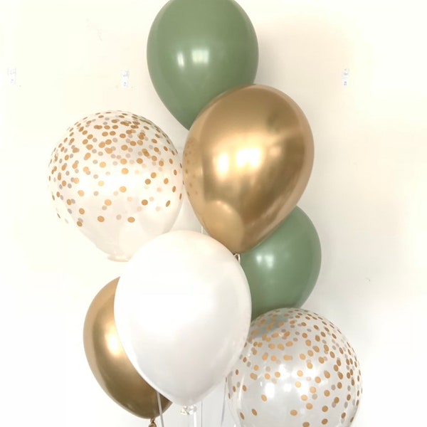 Ballons verts et blancs | Décoration de mariage vert clair | Ballons verts et dorés | Ballons à l'eucalyptus | Décoration de douche nuptiale vert sauge foncé