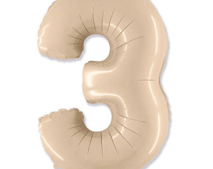 Satin Cream Number 3 Balloon | Beige Third Birthday Balloons | Sand Mylar Number Balloons | Large Foil Balloons | 2023 Grad Balloons