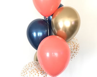 Coral, Navy & Gold Balloon Bouquet | Bridal, Baby Shower Decor