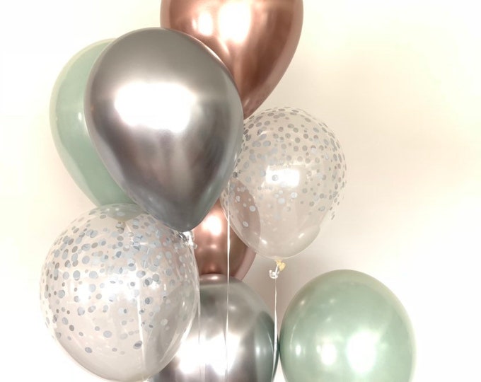 Sage Green Balloons | Light Green Wedding Decor | Green and Rose Gold Balloons | Chrome Rose Gold Balloons |Sage Green Bridal Shower Decor