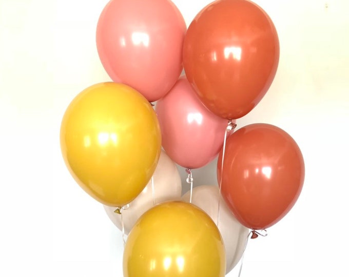 Boho Rainbow Balloons | Rosewood and Burnt Orange Balloons | Boho Birthday Balloons | Mustard and Rosewood Balloons