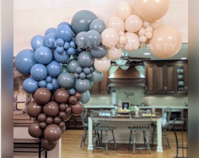 Eucalyptus and Dusty Blue Balloon Garland | Blue and Green Bridal Shower Decor | Blue & Brown Baby Shower | Eucalyptus Balloon Arch Kit DIY