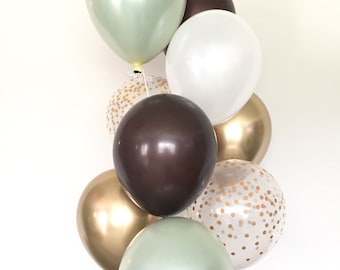 Sage Green Balloon Bouquet | Gold Confetti, Brown, and White, 10-Count