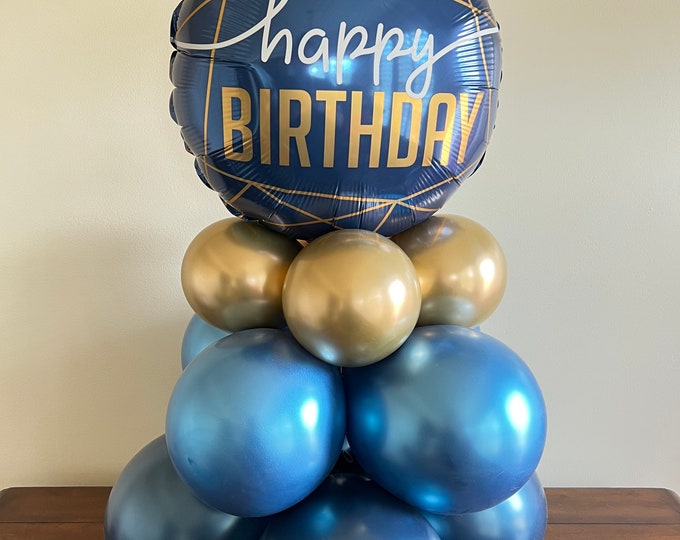 Blue Birthday Balloon Centerpiece | Men’s Birthday Party | Guy Birthday Balloons | Navy and Gold Birthday Balloons